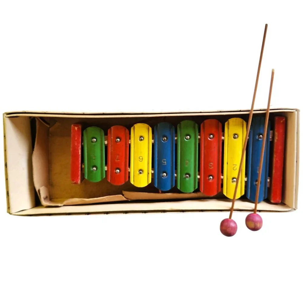 Vtg F.M.T Metallic Xylophone w/Folding Wire Stand Original Box Made in Japan
